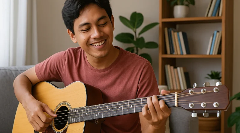 Seseorang bermain gitar akustik sebagai hobi untuk menambah kreativitas dan ketenangan.