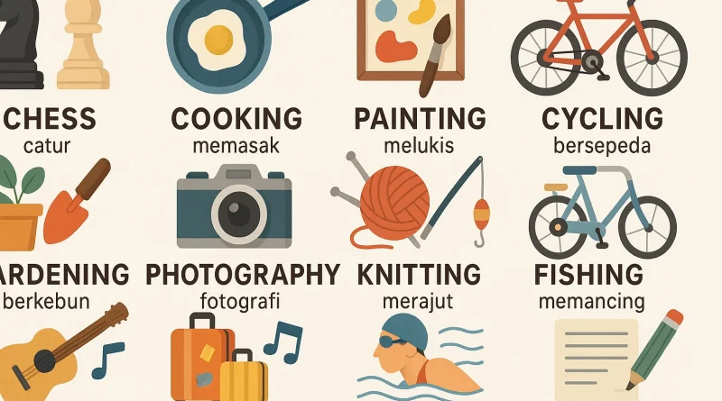 Nama nama hobi dalam bahasa Inggris seperti reading, traveling, dan cooking.
